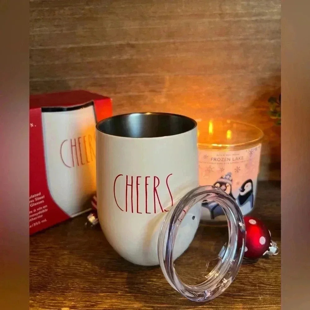 NEW 2 (Two) Rae Dunn - Insulated Stainless Steel Stemless Wine Glasses - CHEERS